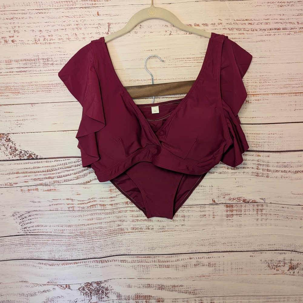 Elegant Burgundy Ruffle Bikini Set